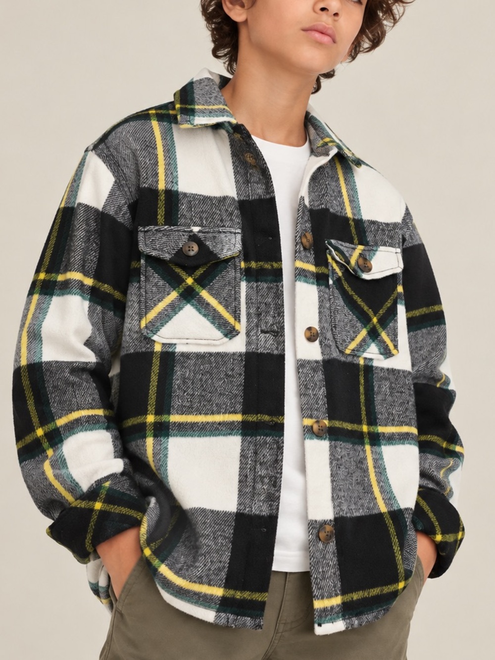 H&M Kids Plaid Shacket Overshirt Jacket 10-11Y 146 Black White Yellow